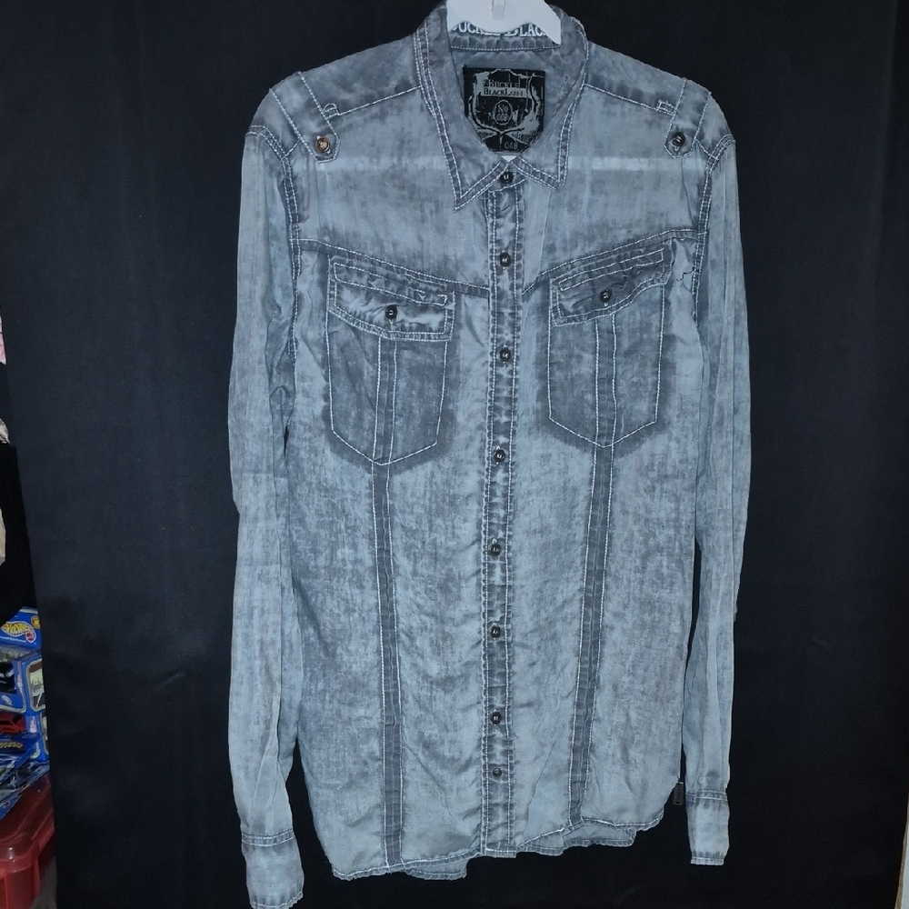 Men WESTERN Buckle Black Athletic Fit Button Down Shirt Size L Gray